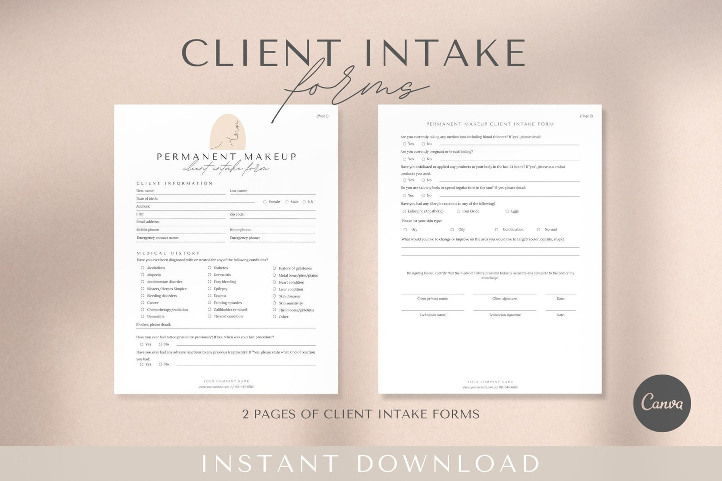 Editable PMU Forms Permanent Makeup Form PMU Aftercare Cards Esthetician Form Boho Aesthetician Form Esthetician Consent