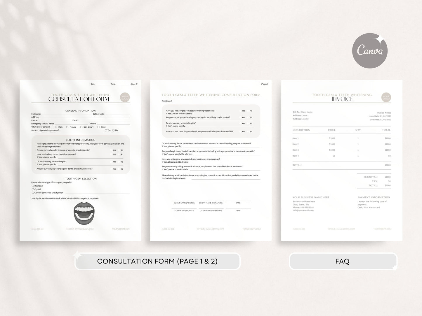 Tooth Gem and Whitening Forms | Tooth Gem Consent Forms, Tooth Gem Consultation Form, Teeth Whitening Forms, Medspa Forms, Esthetician Forms