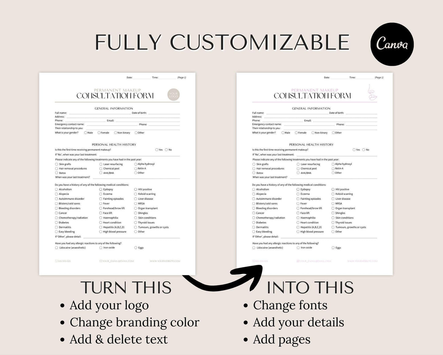 PMU Consent Forms - Permanent Makeup Consent Form, Client Forms, Pmu Client Record Powder Brows Consent