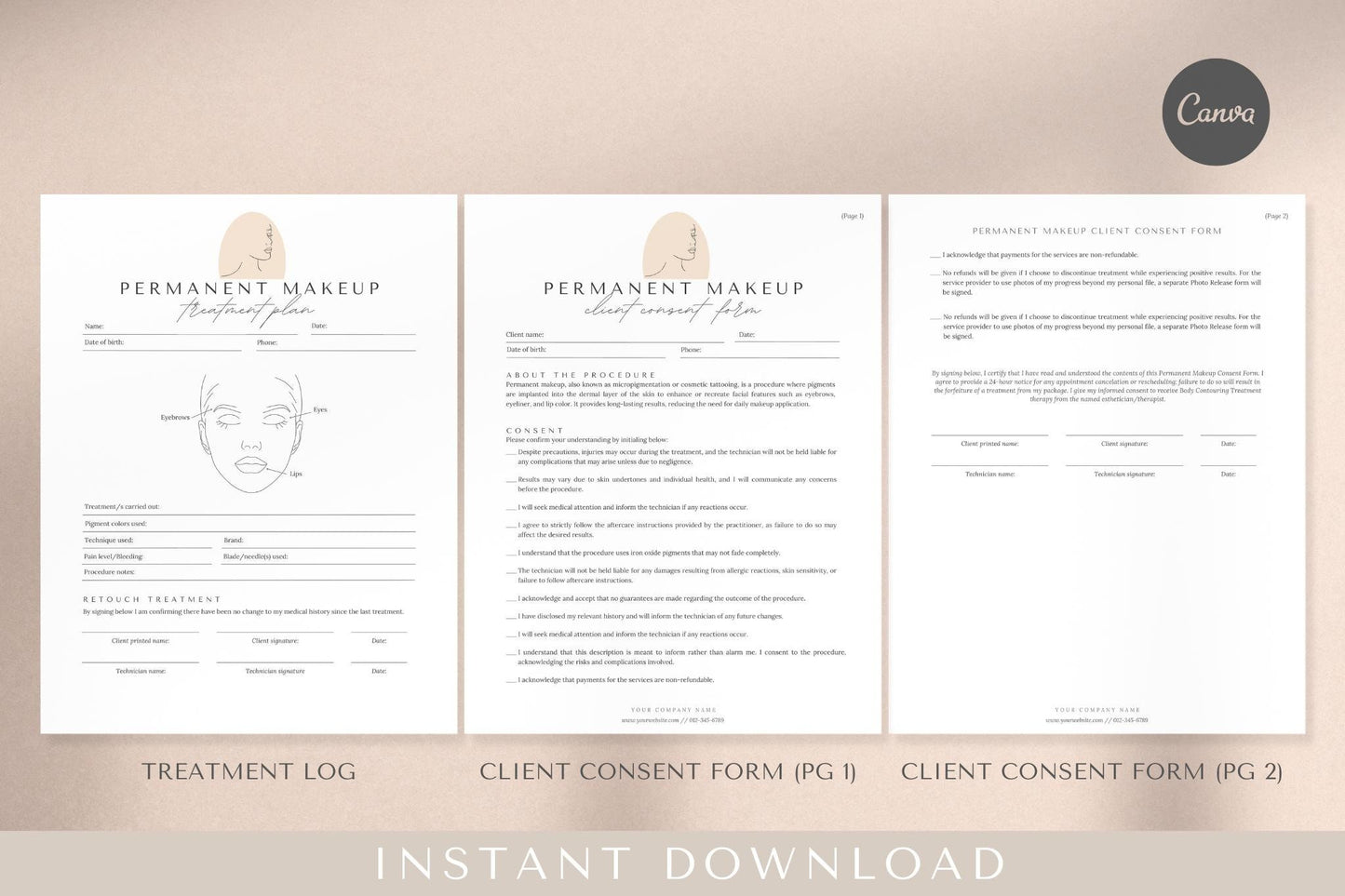 Permanent Makeup Forms Editable PMU Consent Form Template Printable Client Intake Forms PMU Aftercare Cards Beauty Salon Forms