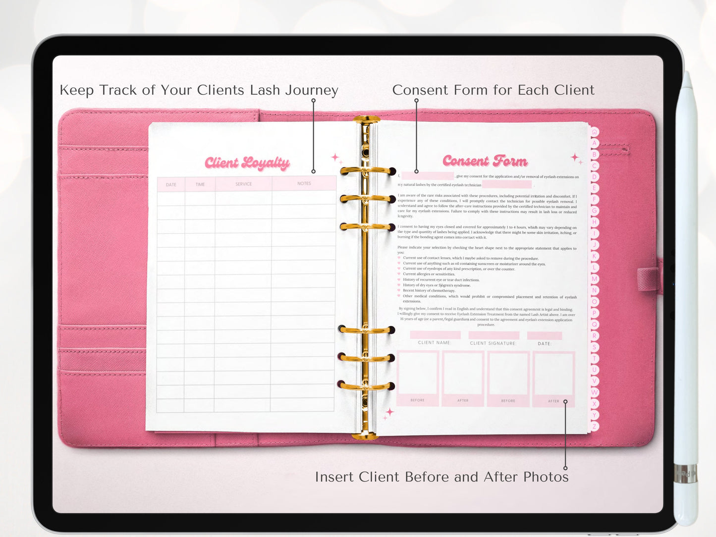 Digital Lash Record Book - Lash Tech Client Record, includes Lash Consent Form, Record Tracker, use in annotation app on iPad or Tablet