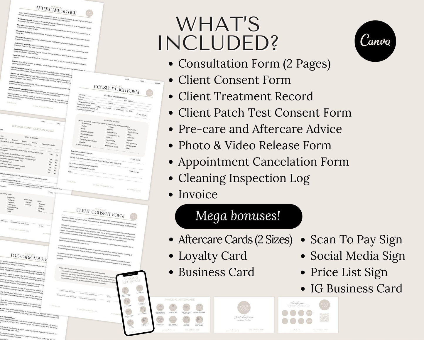 Waxing Treatment Forms - Waxing Consent Forms, Waxing Intake Forms, Waxing Consultation Form, Waxing Aftercare, Waxing Client Record