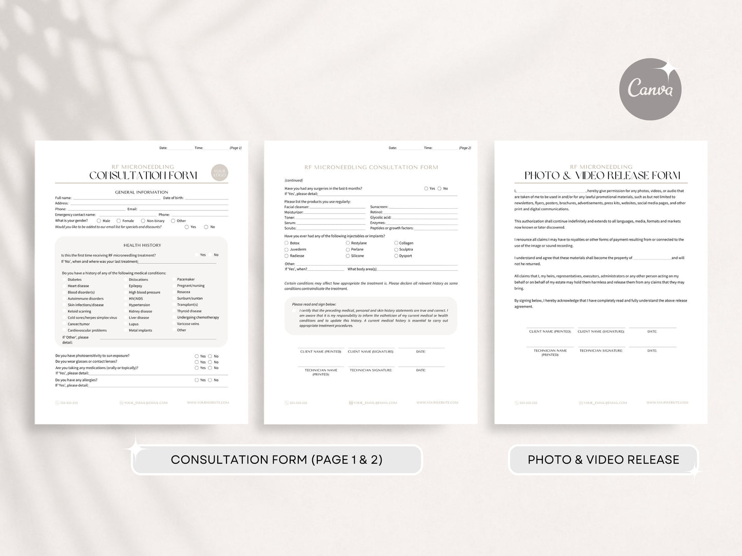 RF Microneedling Consent Forms | RF Microneedling Treatment Intake Forms and Aftercare Cards for Estheticians and Beauty Therapists