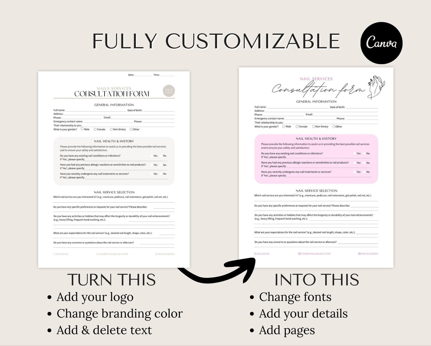 The Nails Consultation Form, Pedicure Form, Manicure Form Acrylic is editable in Canva