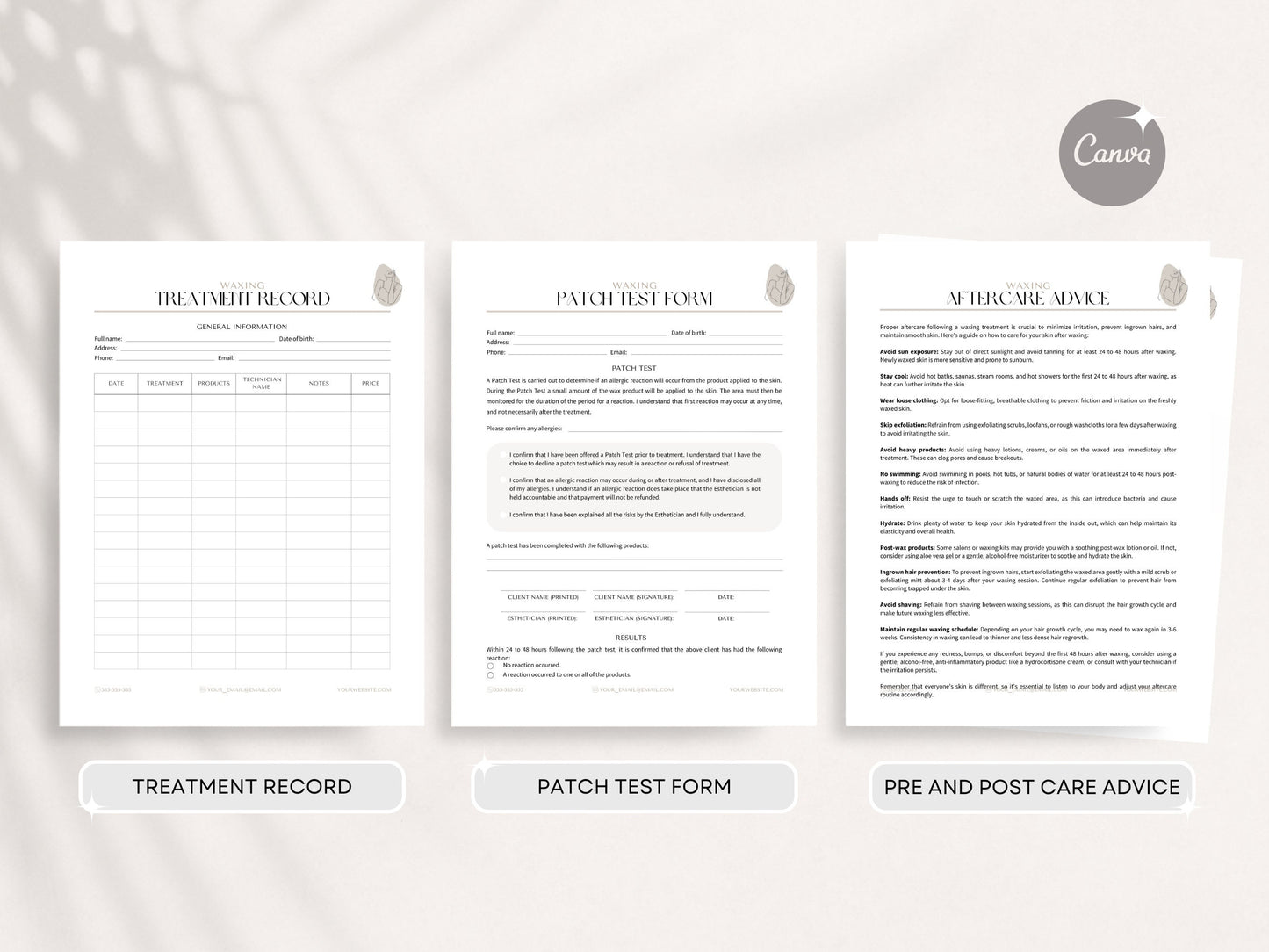 Waxing Treatment Forms - Waxing Consent Forms, Waxing Intake Forms, Waxing Consultation Form, Waxing Aftercare, Waxing Client Record